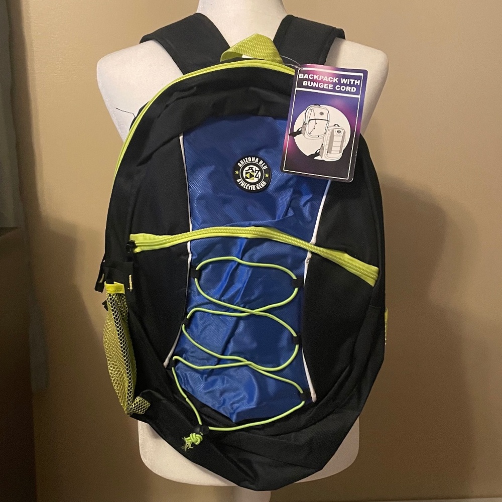 🎒 Arizona Blu Athletic Gear Backpack w/ Bungee Cord (Black, Blue, Neon Yellow)